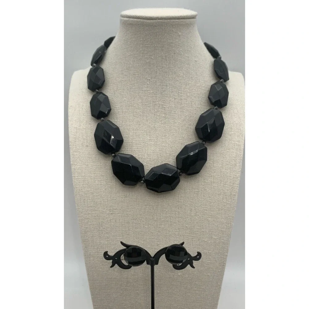 Vintage Black Lucite Faceted Necklace‎ And Clip On Earrings Whimsygoth